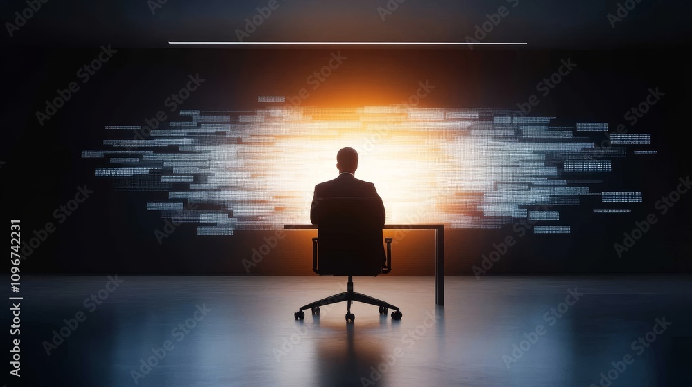 Poster businessman in front of digital data stream display