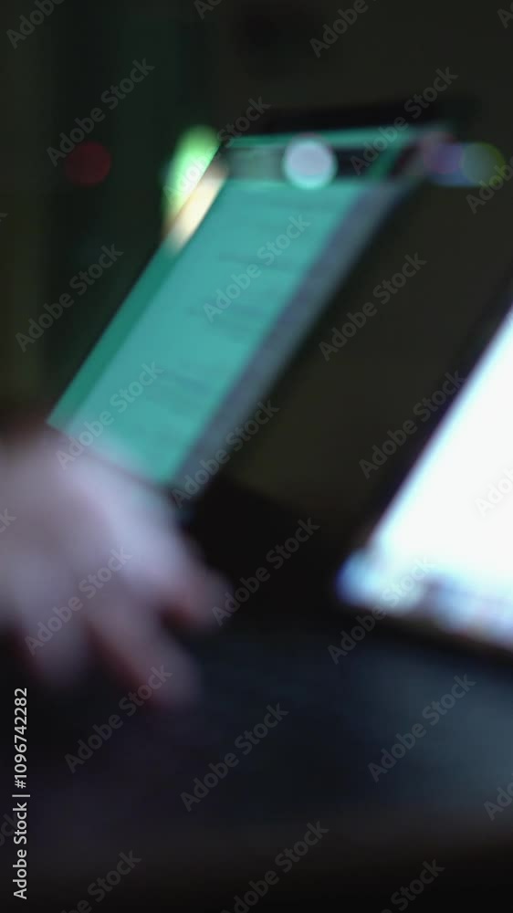 Aufkleber This closeup image captures hands typing on laptops in a dark setting, emphasizing the atmosphere of business and communication in a digital environment optimized for creativity and productivity