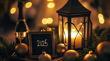 Cozy Lantern Setup with Champagne Glasses and Chalkboard Script for New Year's Eve Celebration