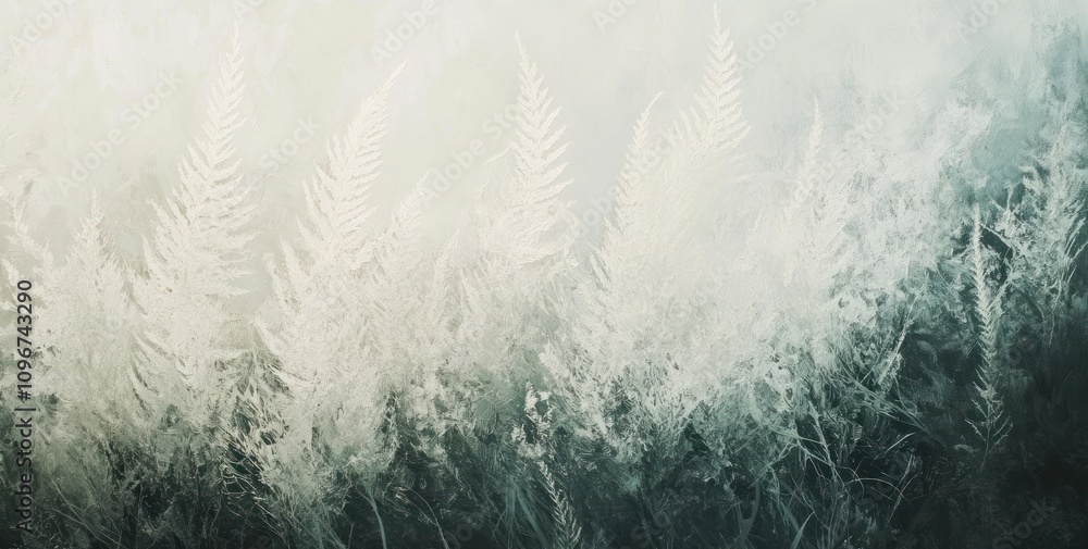 Poster a serene depiction of frosted ferns in a soft, ethereal atmosphere.