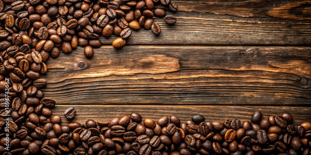 Poster a rustic wooden surface adorned with a rich, dark brown coffee bean border, creating a captivating v