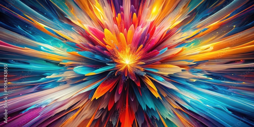Poster a kaleidoscopic explosion of color, bursting forth from a central point, creating a vibrant and dyna