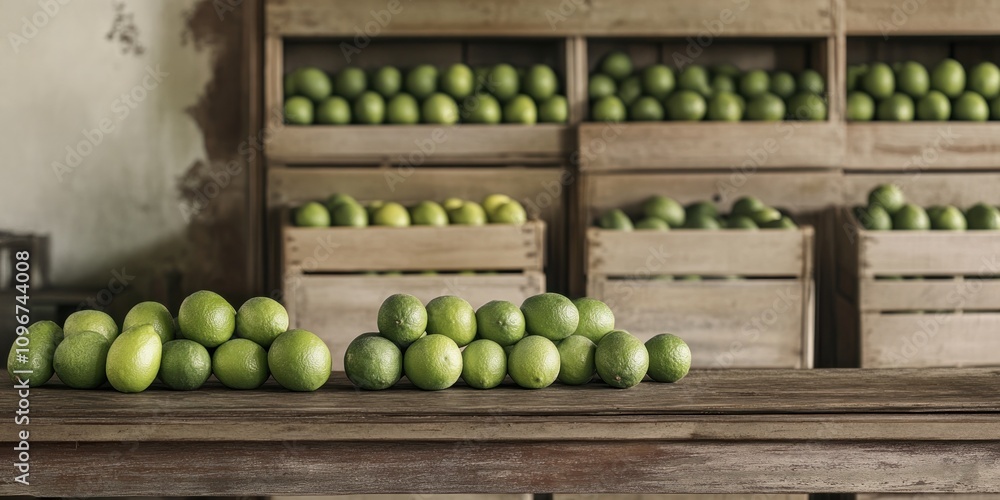 Aufkleber a rustic display of green apples in wooden crates on a table.