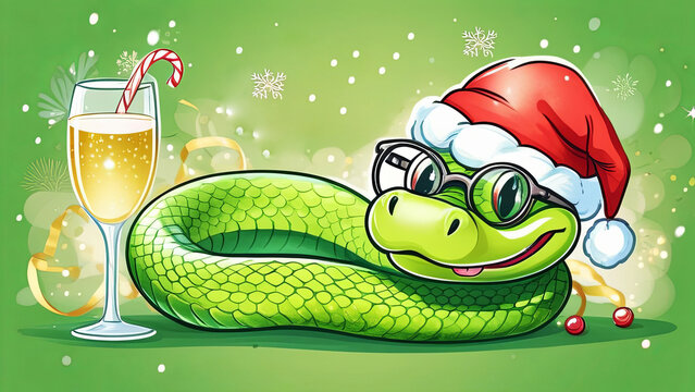 Christmas, Eastern New Year 2025, watercolor style, cheerful green cartoon snake in a New Year's red cap, glasses with champagne, balls, serpentine, glitter, symbol of 2025, bright background