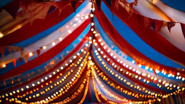Colorful decorations and string lights create a festive atmosphere in a celebration tent of circus