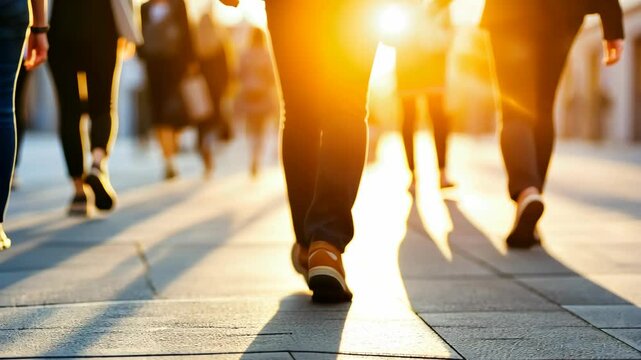 Golden hour urban commute captures busy city life in motion