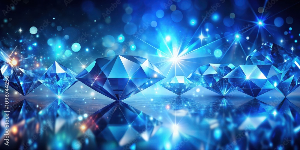 Poster a row of sparkling blue diamonds on a mirrored surface illuminated by bright lights and glowing star