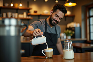 A barista pouring milk into coffee in a cozy cafe setting