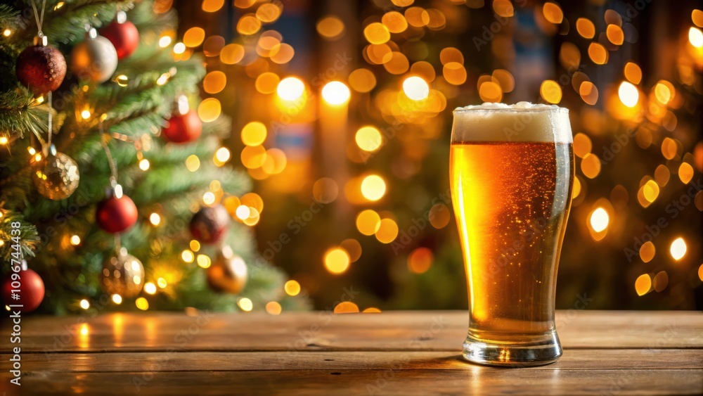 Poster a refreshing glass of beer with a festive background of twinkling lights and a christmas tree.
