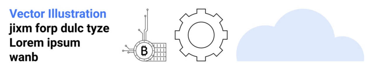 Gear, circuit board with Bitcoin symbol, and cloud icon promoting technology, finance, and cloud computing. Ideal for fintech, blockchain, cloud services, innovation hubs, tech blogs, app design