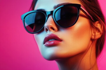 Naklejka premium A woman wearing sunglasses on a bright pink background