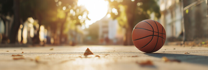 An urban landscape captured in warm sunlight, featuring a lone basketball resting on the pavement, inviting thoughts of street games and active city life.