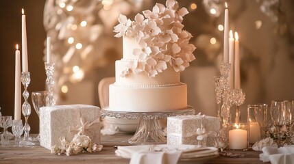 Romantic cake with cascading sugar petals, sparkling crystal candles, gift boxes adorned with lace, candlelit dinner table
