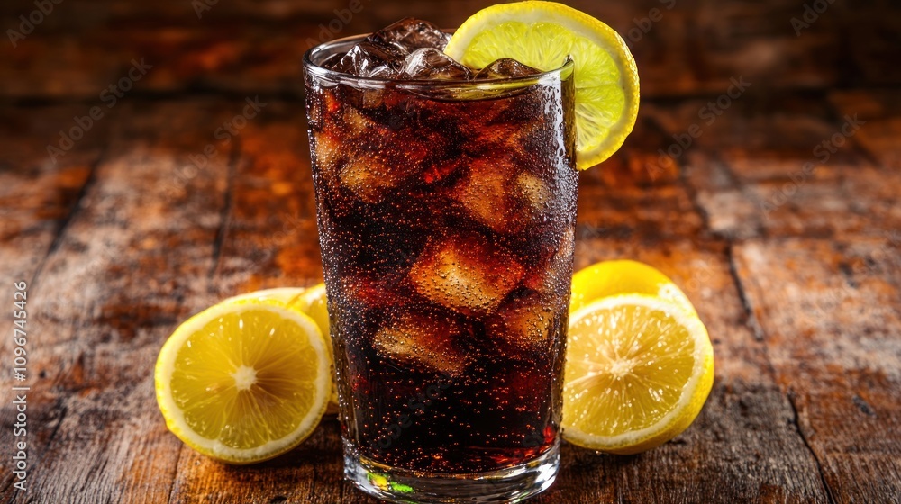 Poster a refreshing glass of cola with ice and lemon slices on a rustic wooden surface.
