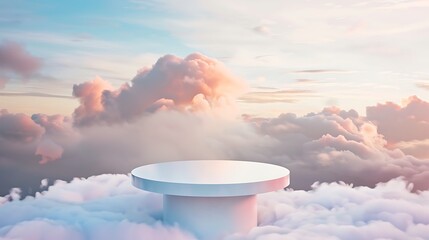 there is a white table in the middle of a cloud filled sky