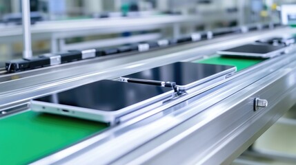 Fototapeta premium Smartphone Assembly Process with Automated Machinery in Sleek Factory
