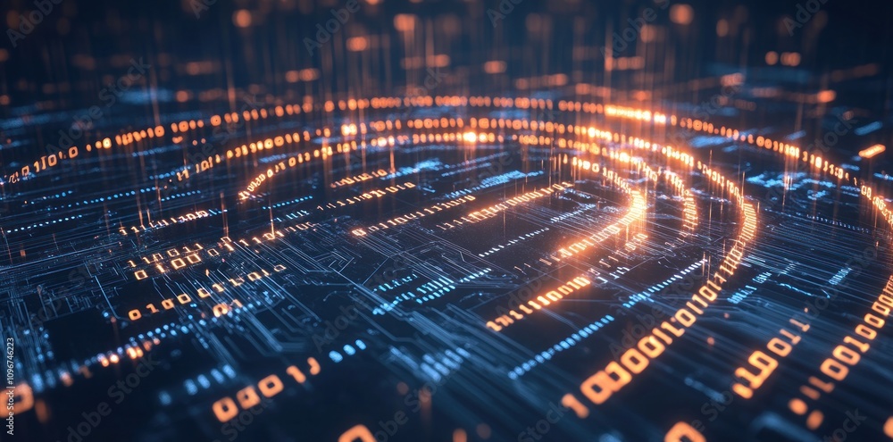 Poster Abstract digital landscape with glowing data streams and binary code elements.