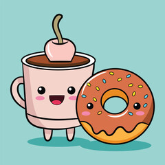 Happy face coffee mug and donuts food design vector illustration