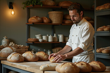 A baker arranging loaves of bread in a quaint countryside bakery