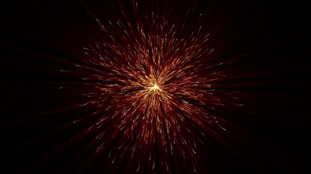 Abstract flowing and emitting fireworks particle animation in red, yellow and orange colors and ray animation