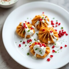 dumplings are accompanied by spicy red chili sauce, tangy tomato chutney, and a dollop of creamy mayonnaise