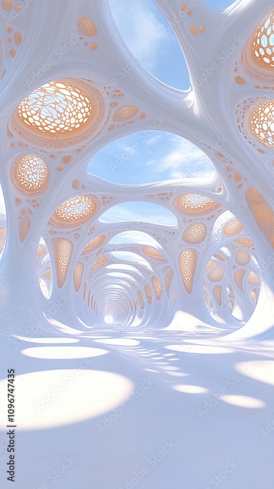 Poster a futuristic hall with intricate patterns and soft lighting, creating an ethereal atmosphere of desi