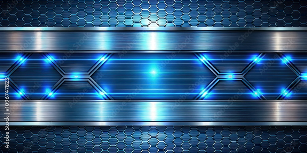 Poster abstract blue and silver geometric background with shiny lines and glowing lights