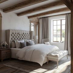 Fototapeta premium Modern Retro Farmhouse Bedroom Design with Cozy Vintage Elements