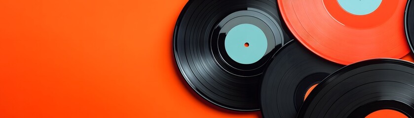 Close-up of vinyl records on an orange background, representing the music industry and retro culture.