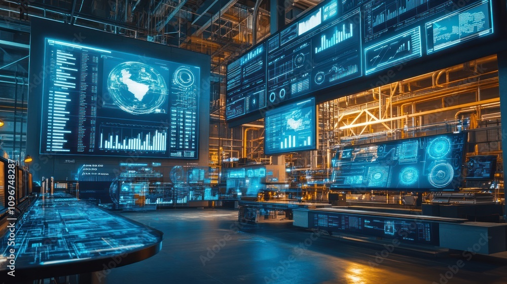 Poster futuristic control room with holographic displays showing global data and analytics.