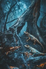 Fototapeta premium A lizard sits atop a tree branch in a forest, a quiet moment of rest