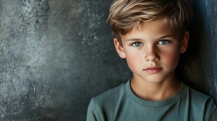 photo portrait of a handsome young caucasian white American model teen boy looking forward. child ad with copy space, cute, kids, children