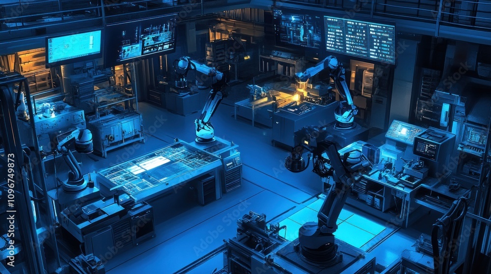 Poster high-tech robotic laboratory at night, featuring automated machinery and advanced technology.
