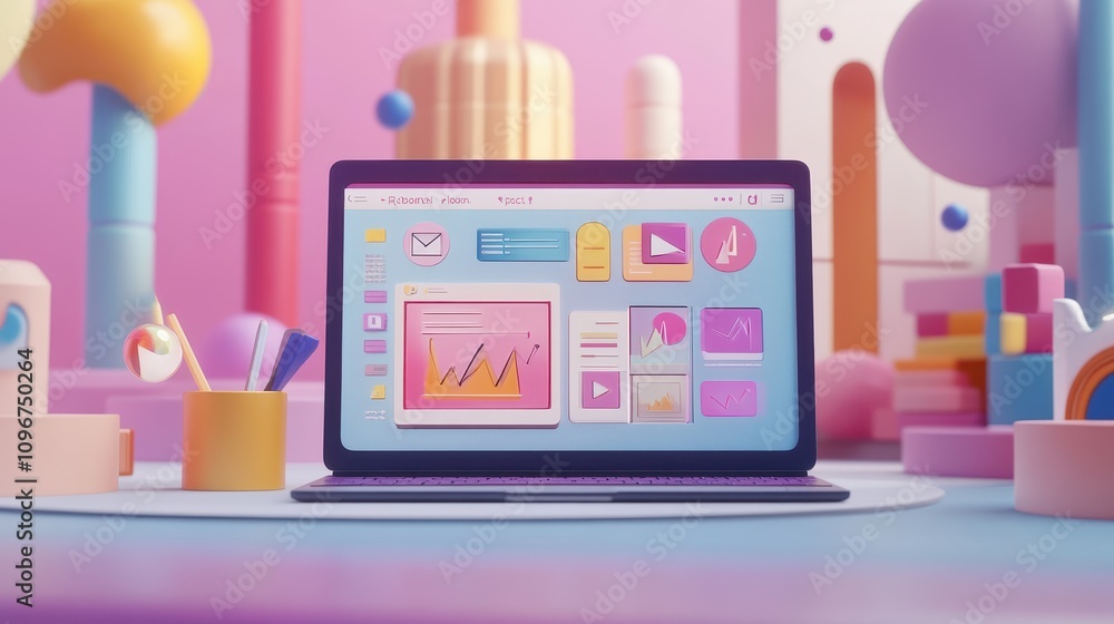 Poster a computer monitor displays a colorful and abstract scene with a pink background