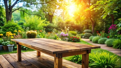 Fototapeta premium A rustic wooden table placed on a wooden deck in a backyard with green grass, flowers, and a path leading to a lush garden in the background.