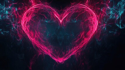 Obraz premium Abstract neon heart shapes with electric pulses, futuristic and dynamic, dark backdrop, high definition.
