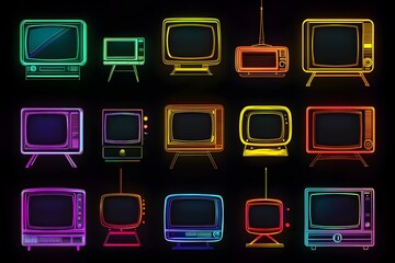 Vivid neon outlines of iconic 70s television sets in assorted hues set against a dark background --ar 3:2 --s 50