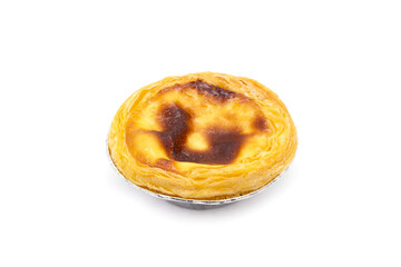 Egg Custard tart (Pastel de nata) in aluminum foil cup isolated on white background.