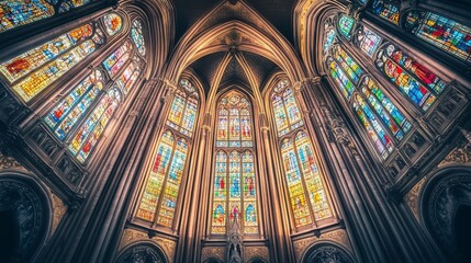 Captivating Interior of a Historic Cathedral Featuring Elaborate Stained Glass Windows Bathed in Natural Light, Showcasing Gothic Architecture and Ornate Details