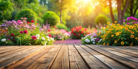 Fototapeta premium Rustic wooden planks in a vibrant garden setting with blooming flowers and warm sunlight