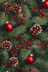 A festive Christmas tree decorated with pine cones and berries