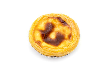 Egg Custard tart (Pastel de nata) in aluminum foil cup isolated on white background.