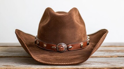 A stylish brown cowboy hat on a wooden table, perfect for outdoor adventures.