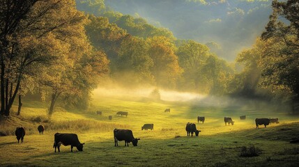 Serene Pastoral Landscape with Cows at Sunrise
