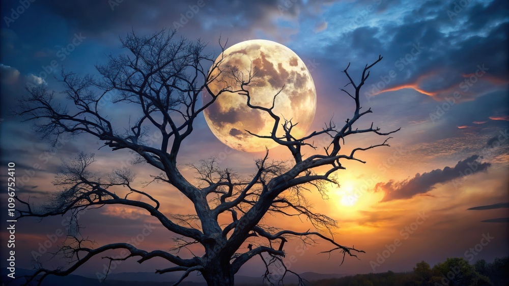 Poster a lone tree stands tall against a backdrop of a vibrant sunset and a large, luminous moon, the sky a