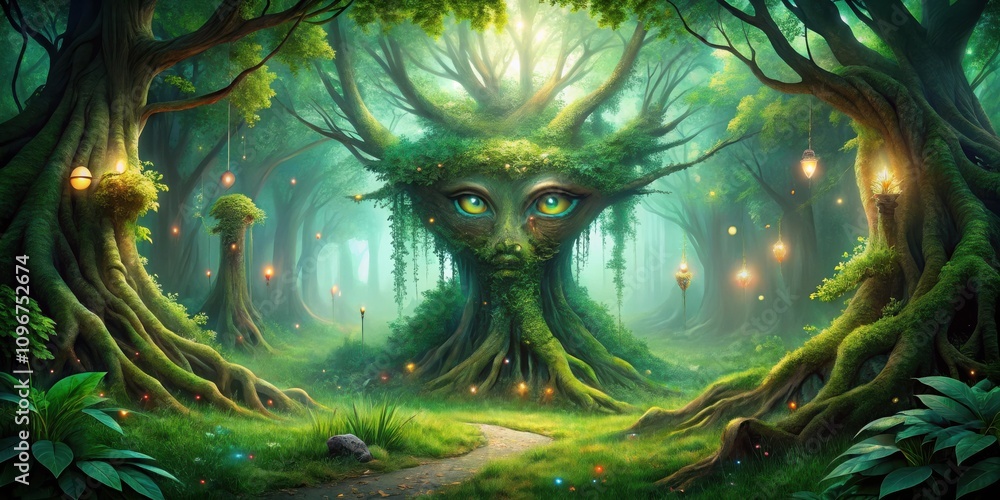 Poster an ancient tree with a face formed from the growth of the forest, its eyes peering out from the foli