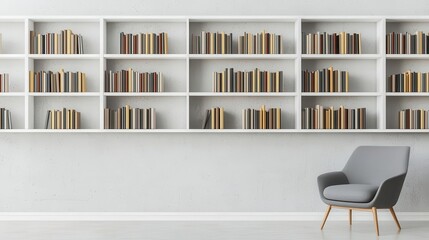 A minimalist officelibrary featuring sleek white bookshelves, a modern chair, and a clean desk for a functional, uncluttered workspace