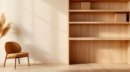Fototapeta premium A minimalist home officelibrary with light wooden bookshelves, a floating desk, and neutral tones for a simple, cozy feel