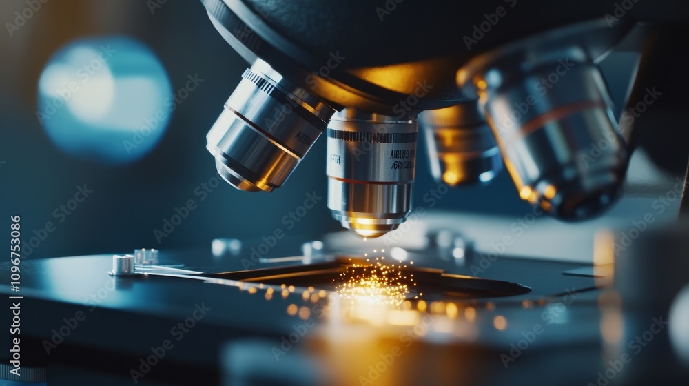 Poster close-up of microscope with sparkling sample