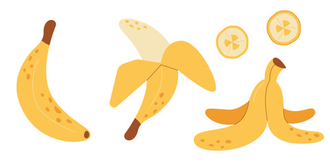 Abstract cartoon bananas set. Simple banana. Tropical fruit vector flat icons collection for design interior, poster, banner.  Half  peeled, whole and slice banana snack. © Ann